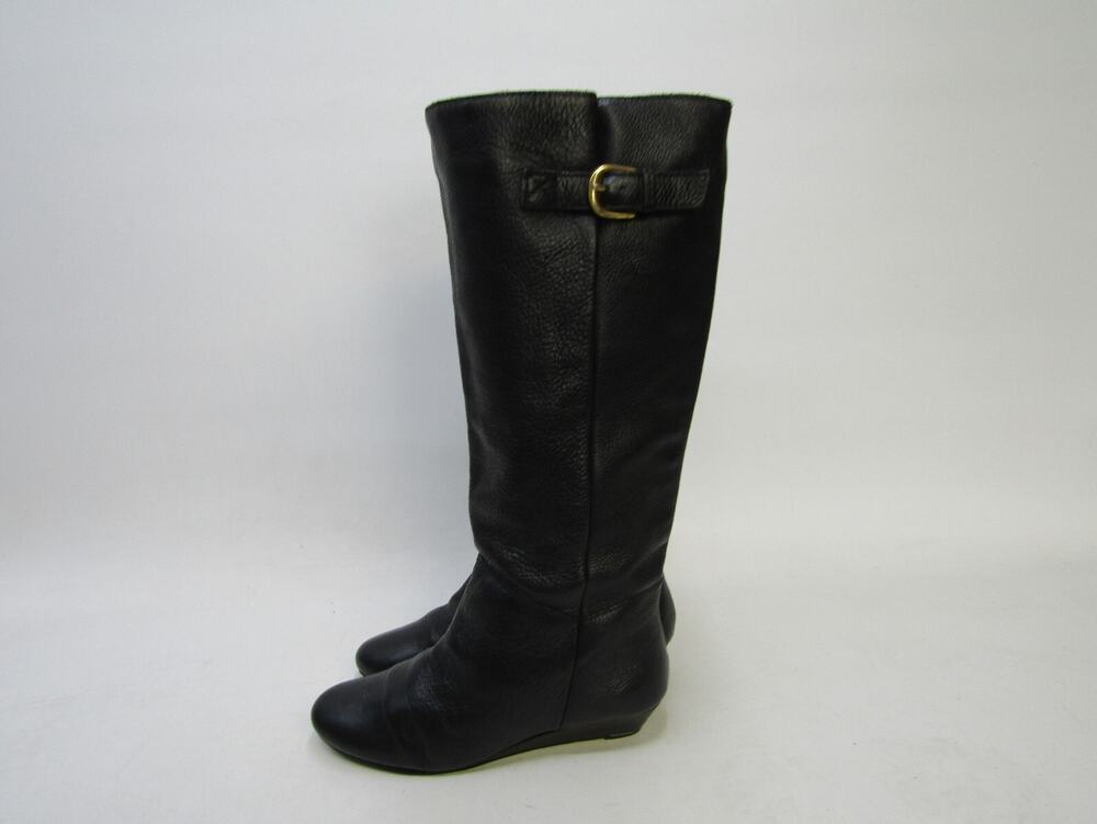 Steve Madden Women Sz 6.5 M Black Leather Buckle Wedge Fashion Knee High Boots